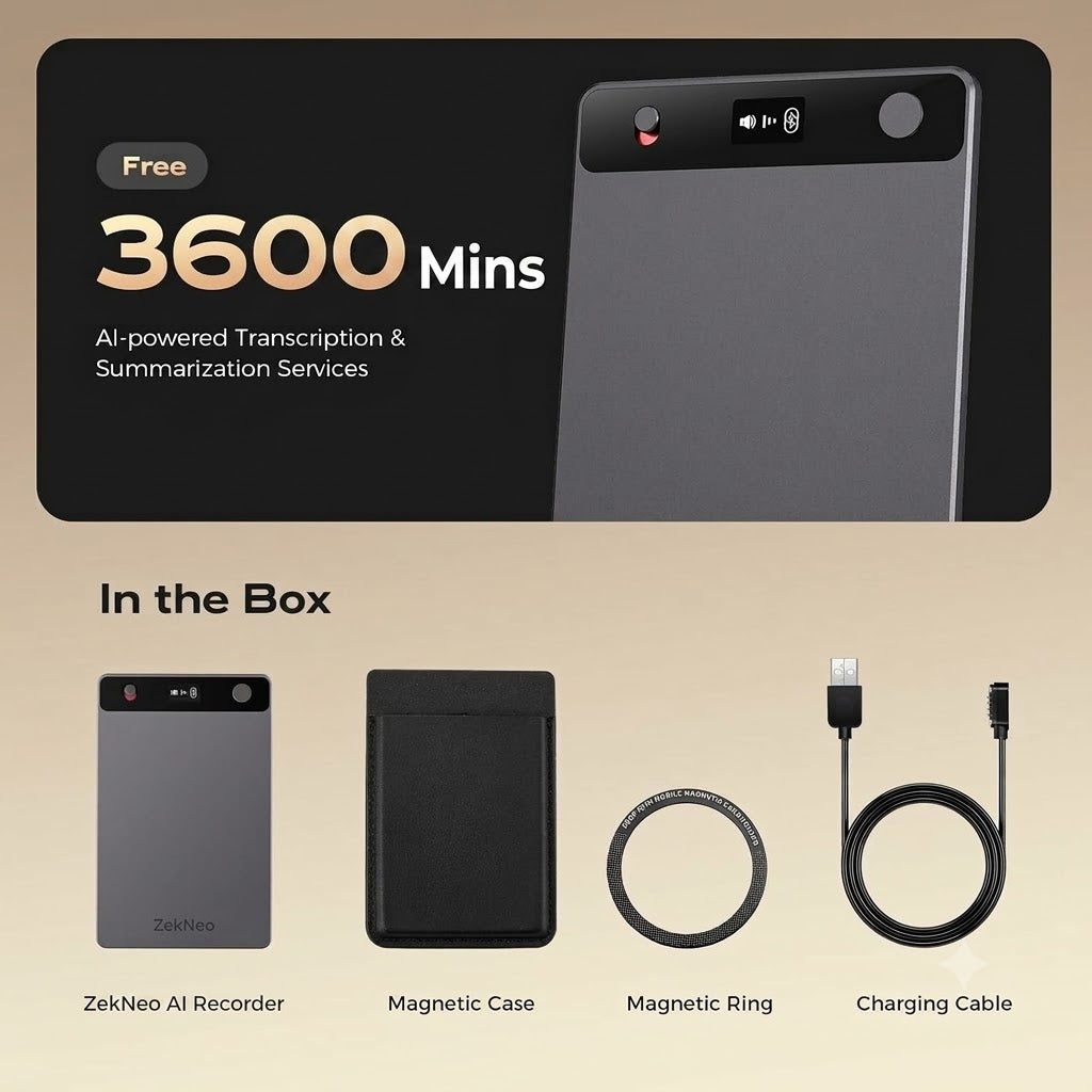 ZekNeo AI Voice Recorder, Transcribe & Summarize with AI, Note Taker for Meetings & Calls